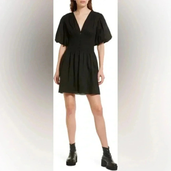 Frame Black Smocked Puff Sleeve Mini Dress Size Large - Picture 2 of 10